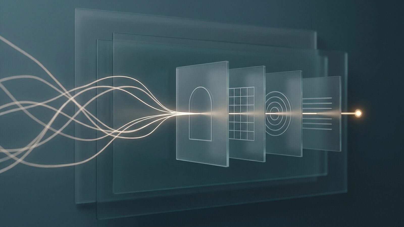 Light filaments converge into a single thread that passes through four layers of glass