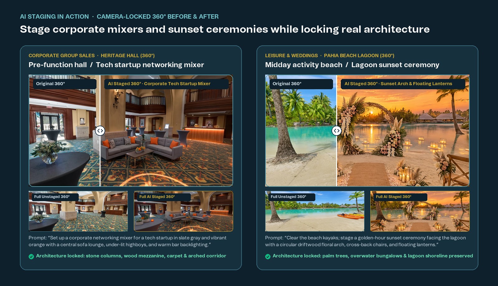 AI Staging camera-locked 360-degree before and after comparison: Heritage Hall corporate tech startup mixer and Pahia Beach lagoon sunset ceremony