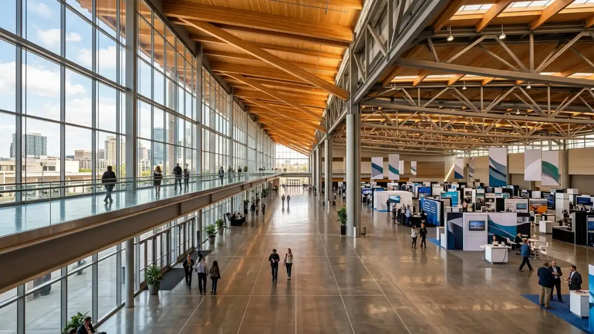 Modern convention center exhibit hall with spatial layout geometry for event organizers