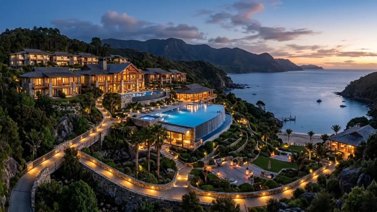 Panoramic twilight view of a multi-building destination resort with interconnected pools, lodges, and walkways