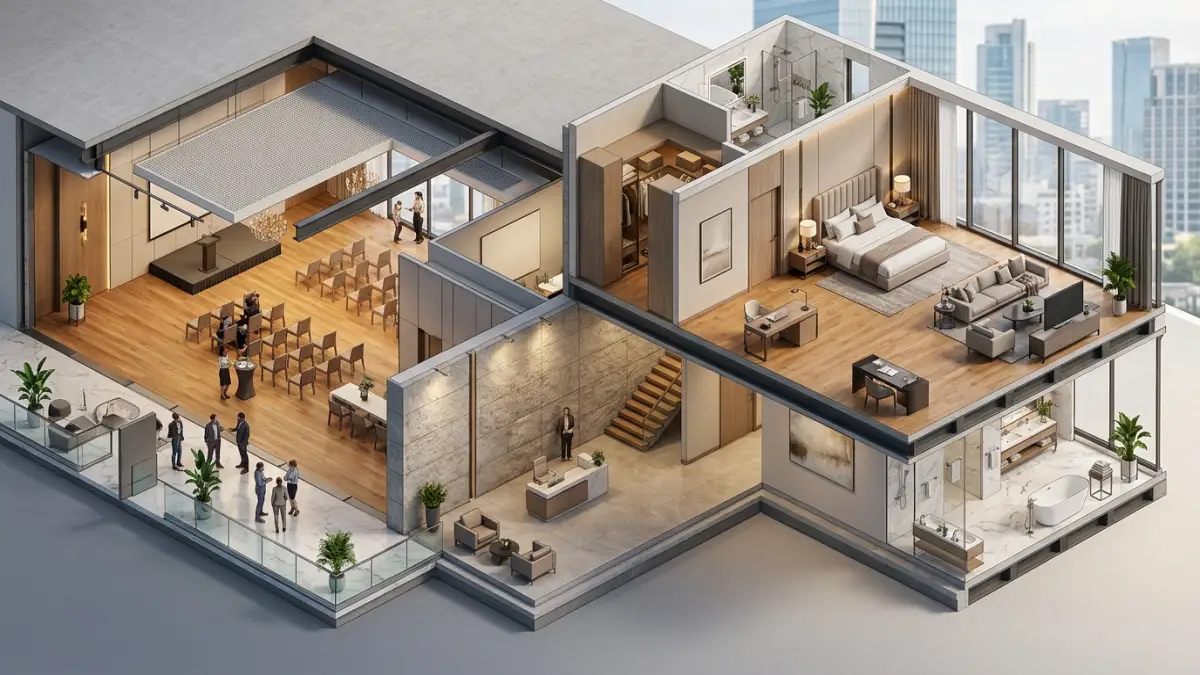 Cutaway 3D architectural floor plan of a hotel event space and hospitality suite