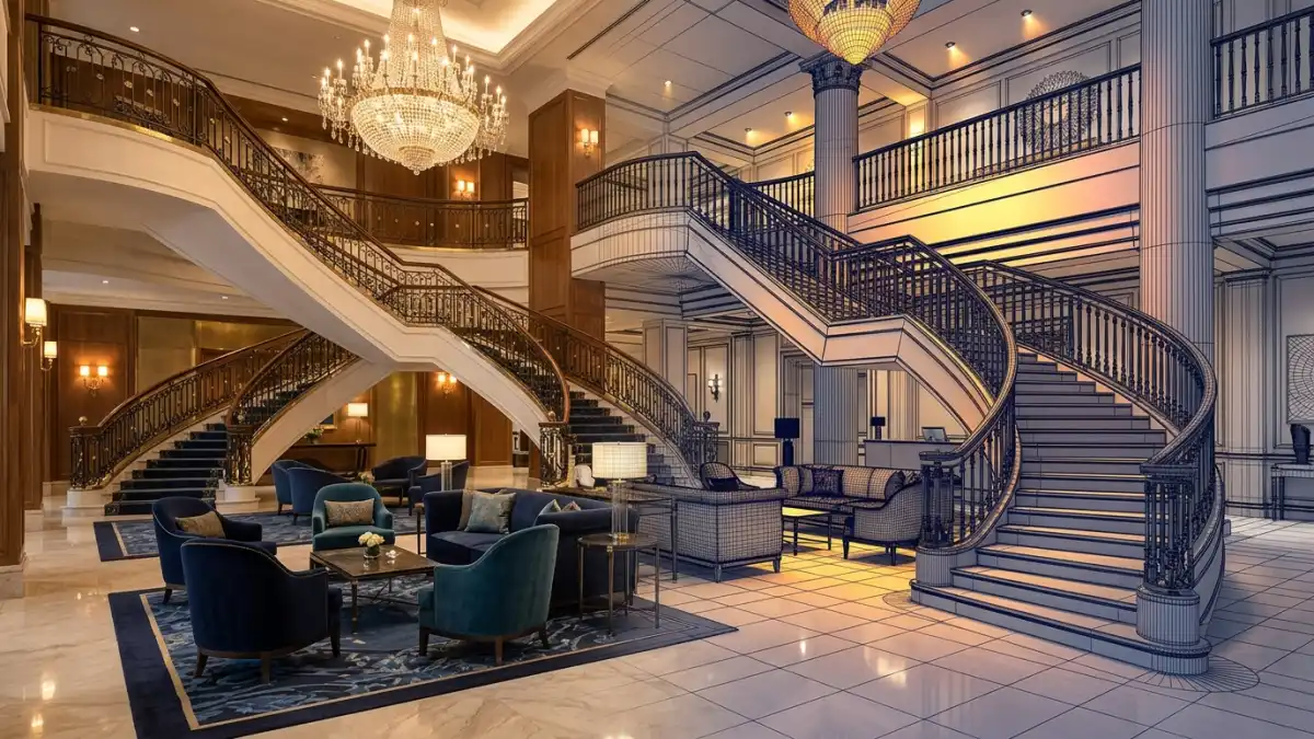 Luxury hotel interior transitioning into a 3D architectural spatial model and visual content workflow