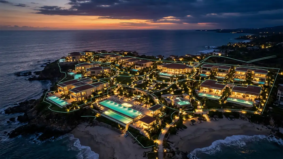 Aerial twilight view of an oceanfront resort with spatial layout lines connecting villas, pools, and pathways