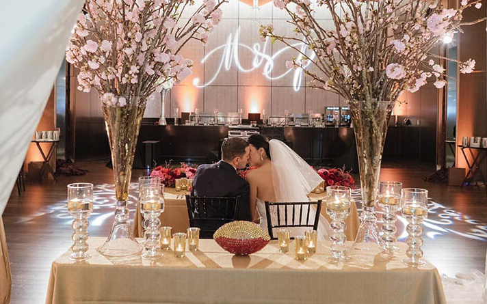 Wedding Couple Kissing at the Levi's Stadium - Ballroom Setup