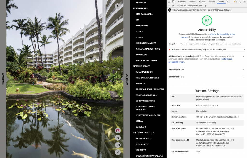 TrueTour's Accessibility audit, displaying a 97 / 100 score for TrueTour's accessibility with screenreaders