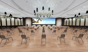 TrueTour CGI - Hilton Anatole Ballroom with seminar style spaced seating with screen and stage
