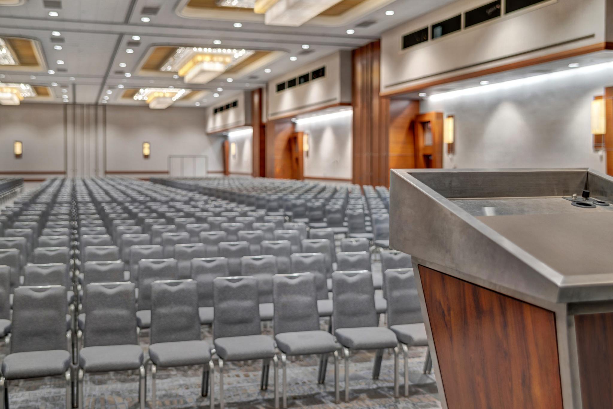Elegant hotel ballroom set for an event