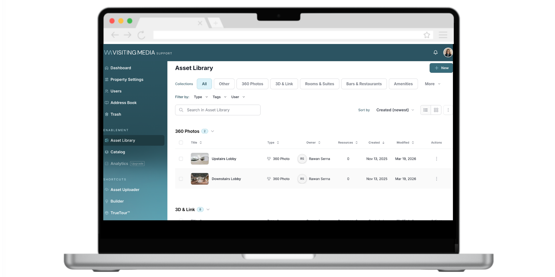 The Visiting Media Platform Asset Library shown in a laptop mockup