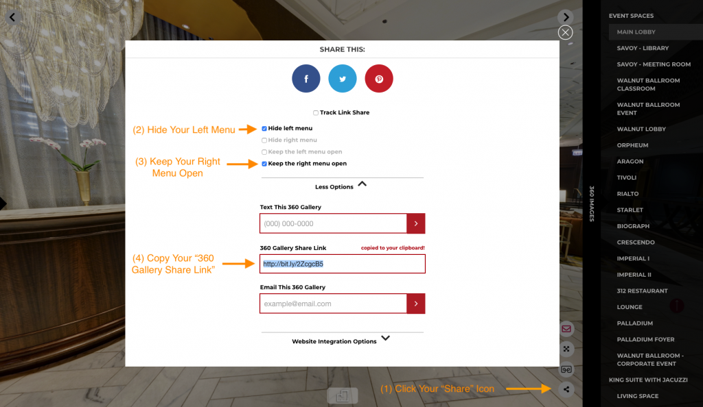 Instructions to Find Your 360€ Share Link (visual display inside the truetour)