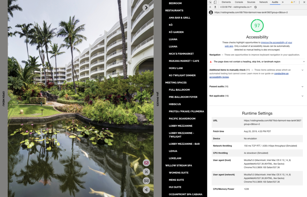 TrueTour's Accessibility audit, displaying a 97 / 100 score for TrueTour's accessibility with screenreaders