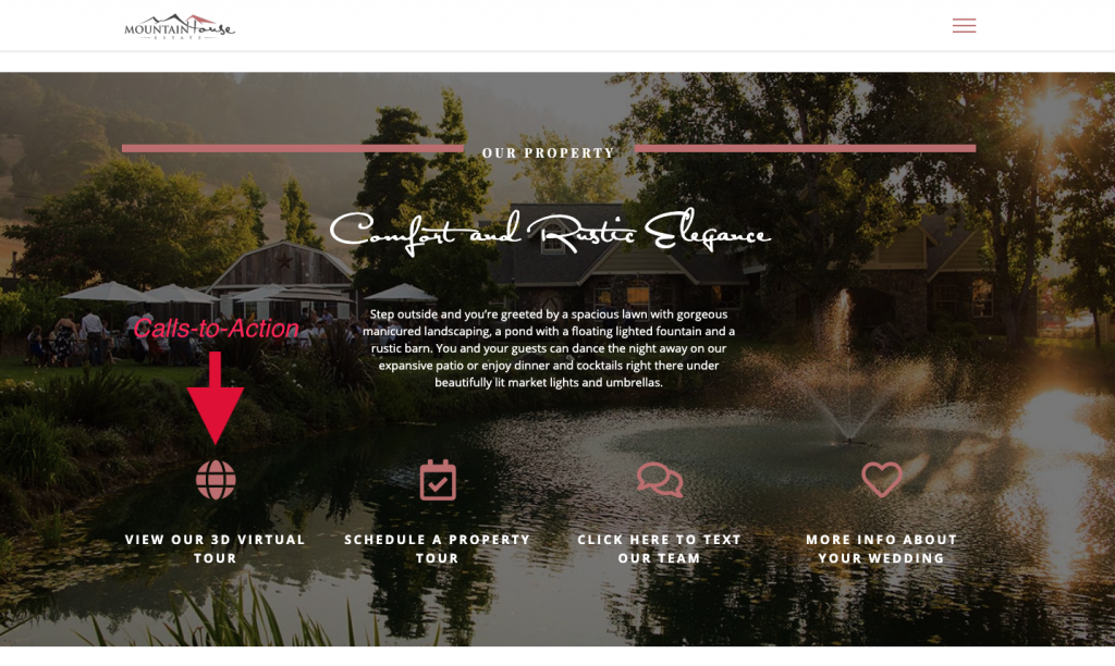 Call to Action on a wedding website highlighting virtual tour button