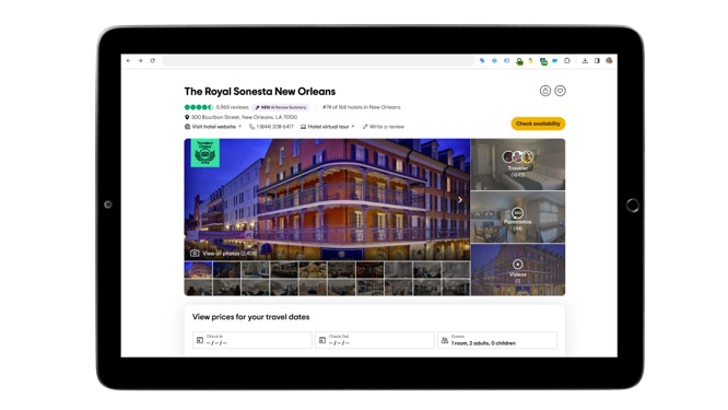 Ipad showing a Tripadvisor listing of a hotel.